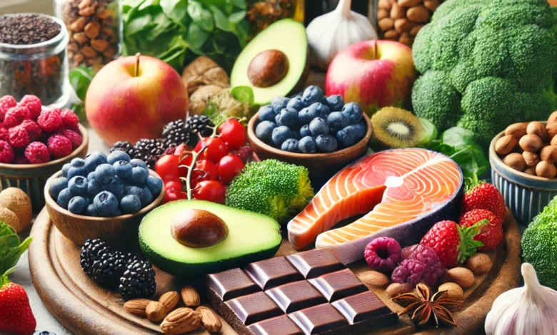 A vibrant display of superfoods arranged on a wooden cutting board, including fresh berries, nuts, salmon, dark chocolate, green tea, avocado, garlic,